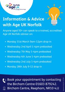 Poster for Age UK Norfolk Advice Sessions