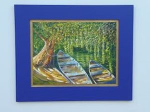 Painting of boats moored under trees