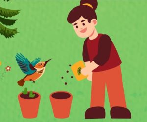 Cartoon of Girl Gardening